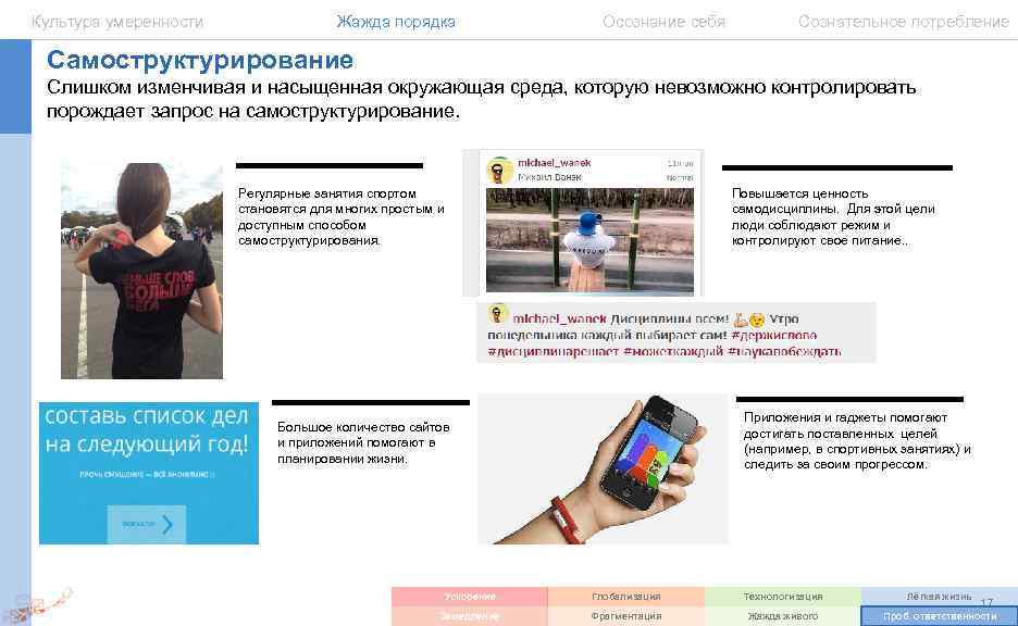Культура умеренности Жажда порядка Осознание себя Сознательное потребление Самоструктурирование Слишком изменчивая и насыщенная окружающая