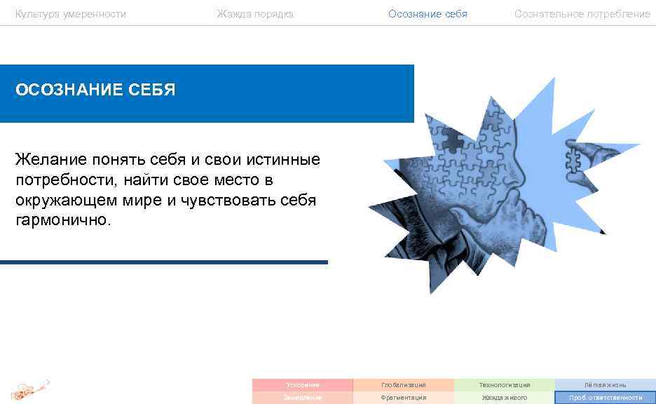 Культура умеренности Жажда порядка Осознание себя Сознательное потребление ОСОЗНАНИЕ СЕБЯ Желание понять себя и