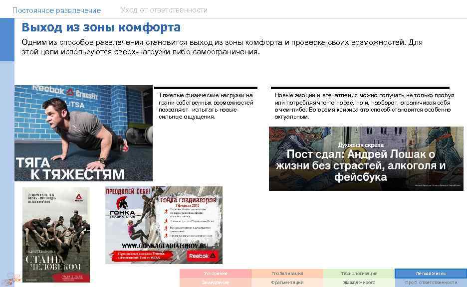 Постоянное развлечение Уход от ответственности Выход из зоны комфорта Одним из способов развлечения становится