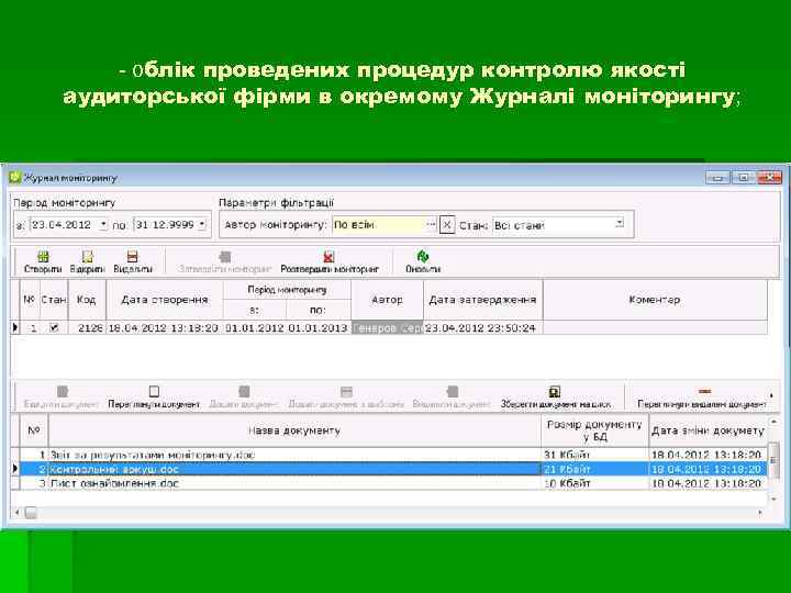 - облік проведених процедур контролю якості аудиторської фірми в окремому Журналі моніторингу; 