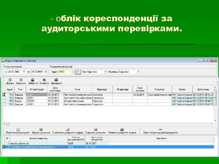 - облік кореспонденції за аудиторськими перевірками. 