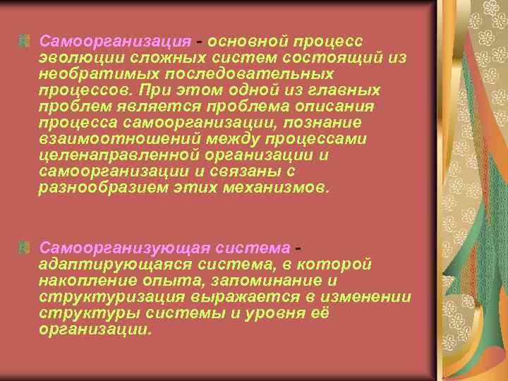 Самоорганизация - основной процесс эволюции сложных систем состоящий из необратимых последовательных процессов. При этом