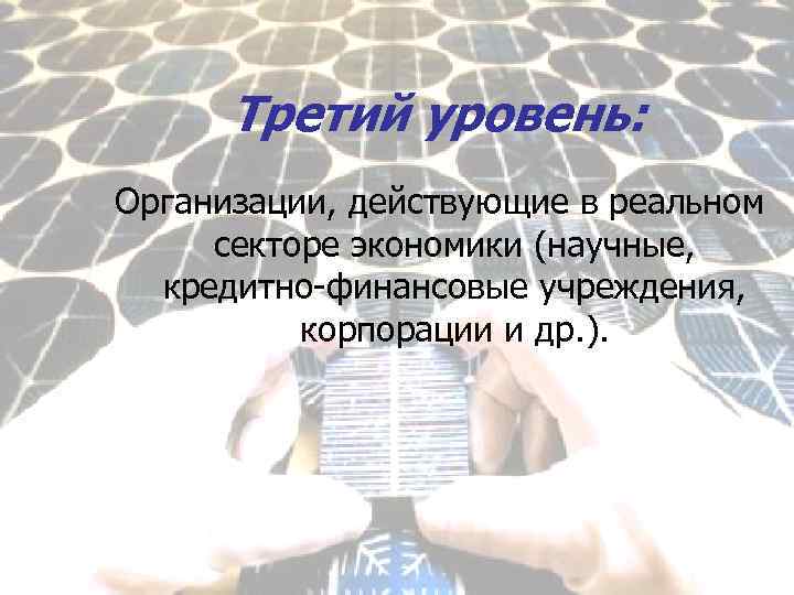 Третий уровень: Организации, действующие в реальном секторе экономики (научные, кредитно-финансовые учреждения, корпорации и др.
