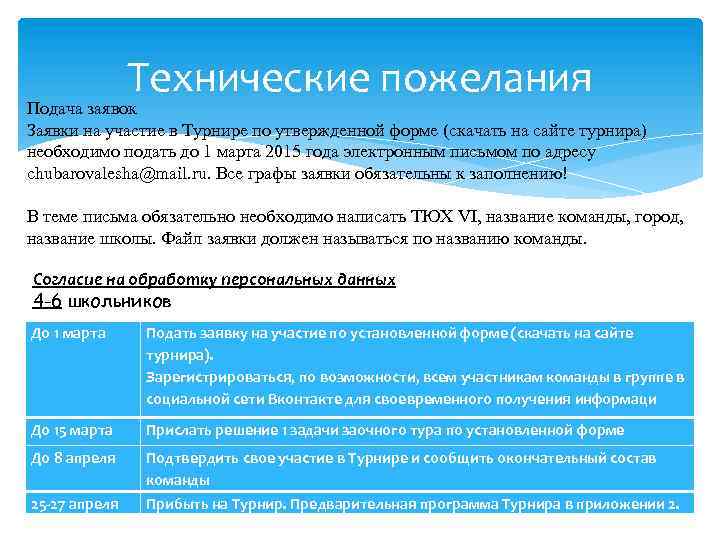 Технические пожелания Подача заявок Заявки на участие в Турнире по утвержденной форме (скачать на