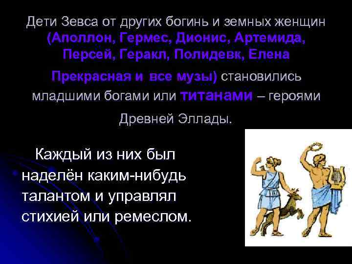 Дети Зевса от других богинь и земных женщин (Аполлон, Гермес, Дионис, Артемида, Персей, Геракл,
