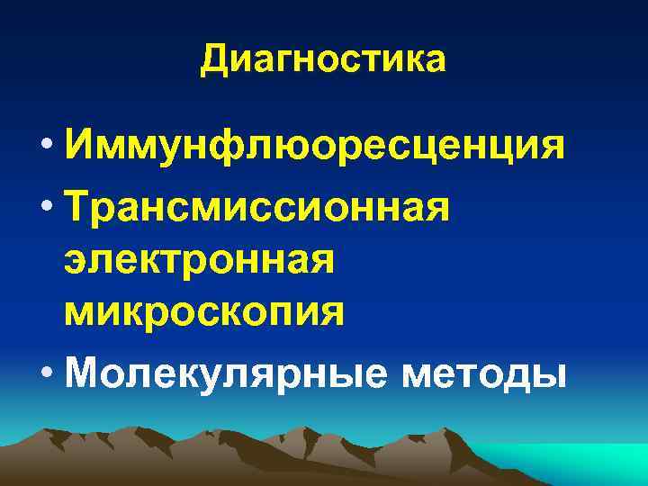 Диагностика • Иммунфлюоресценция • Трансмиссионная электронная микроскопия • Молекулярные методы 