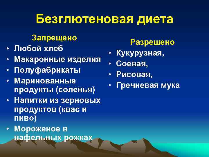 Безглютеновая диета • • • Запрещено Любой хлеб Макаронные изделия Полуфабрикаты Маринованные продукты (соленья)