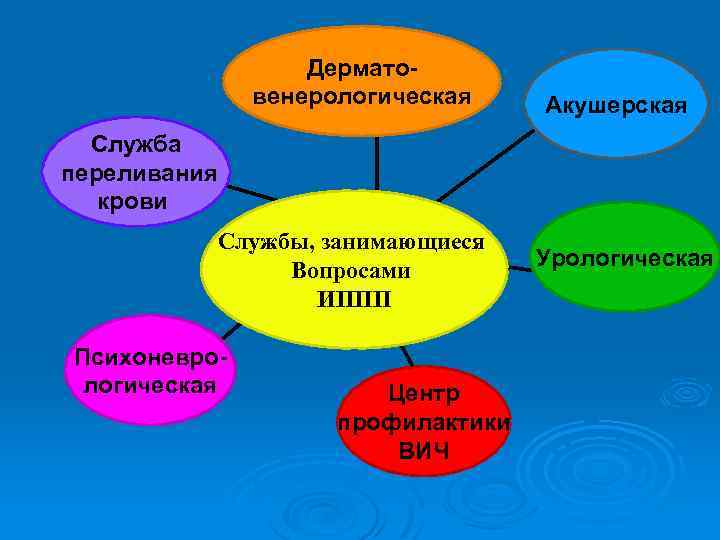 Дерматовенерологическая Акушерская Служба переливания крови Службы, занимающиеся Вопросами ИППП Психоневрологическая Центр профилактики ВИЧ Урологическая