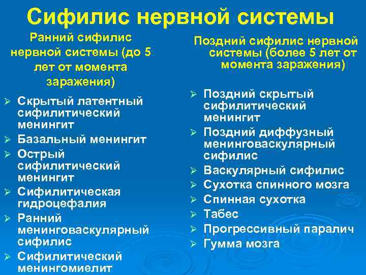 Сифилис нервной системы Ранний сифилис нервной системы (до 5 лет от момента заражения) Ø