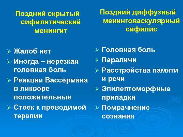 Поздний диффузный менинговаскулярный сифилис Поздний скрытый сифилитический менингит Жалоб нет Ø Иногда – нерезкая