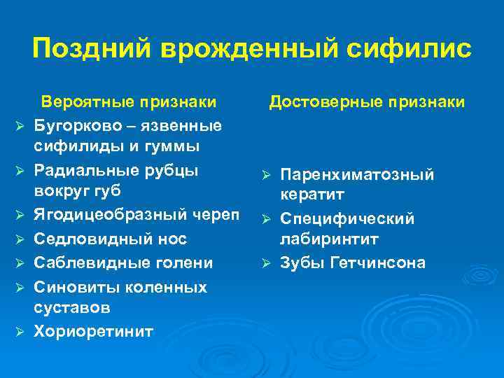 Поздний врожденный сифилис Ø Ø Ø Ø Вероятные признаки Бугорково – язвенные сифилиды и