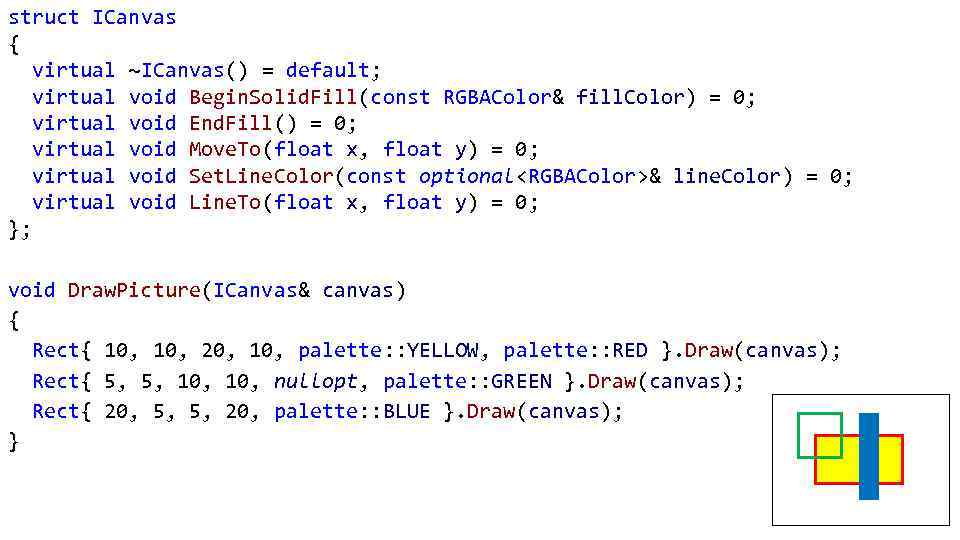 struct ICanvas { virtual ~ICanvas() = default; virtual void Begin. Solid. Fill(const RGBAColor& fill.