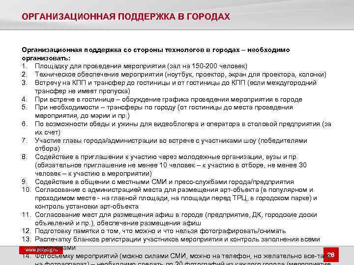 ОРГАНИЗАЦИОННАЯ ПОДДЕРЖКА В ГОРОДАХ Организационная поддержка со стороны технологов в городах – необходимо организовать: