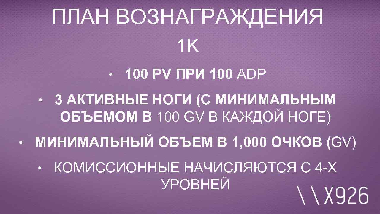 ПЛАН ВОЗНАГРАЖДЕНИЯ 1 K • 100 PV ПРИ 100 ADP • 3 АКТИВНЫЕ НОГИ