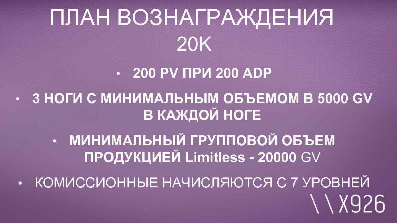 ПЛАН ВОЗНАГРАЖДЕНИЯ 20 K • • 3 НОГИ С МИНИМАЛЬНЫМ ОБЪЕМОМ В 5000 GV