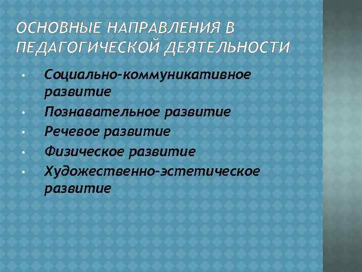 ОСНОВНЫЕ НАПРАВЛЕНИЯ В ПЕДАГОГИЧЕСКОЙ ДЕЯТЕЛЬНОСТИ • • • Социально-коммуникативное развитие Познавательное развитие Речевое развитие