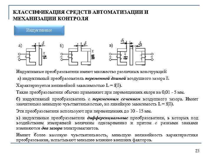 КЛАССИФИКАЦИЯ СРЕДСТВ АВТОМАТИЗАЦИИ И МЕХАНИЗАЦИИ КОНТРОЛЯ Индуктивные преобразователи имеют множество различных конструкций: а) индуктивный