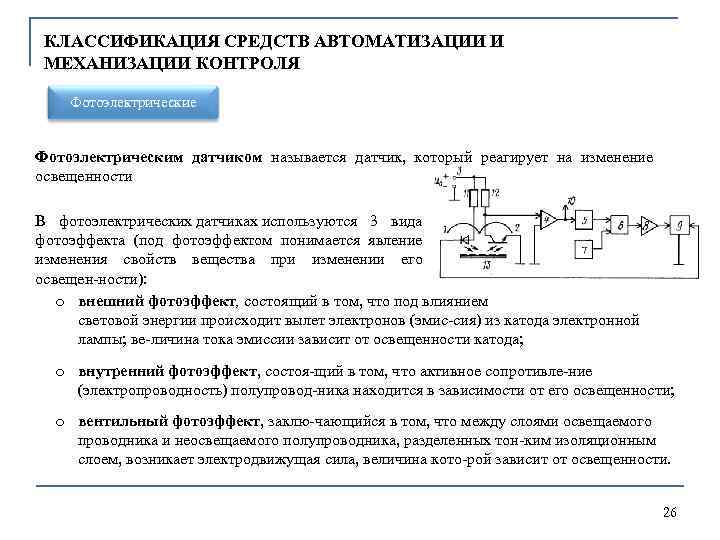 КЛАССИФИКАЦИЯ СРЕДСТВ АВТОМАТИЗАЦИИ И МЕХАНИЗАЦИИ КОНТРОЛЯ Фотоэлектрические Фотоэлектрическим датчиком называется датчик, который реагирует на