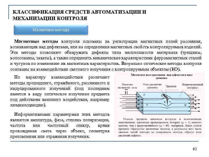 КЛАССИФИКАЦИЯ СРЕДСТВ АВТОМАТИЗАЦИИ И МЕХАНИЗАЦИИ КОНТРОЛЯ Магнитные методы контроля основаны на регистрации магнитных полей