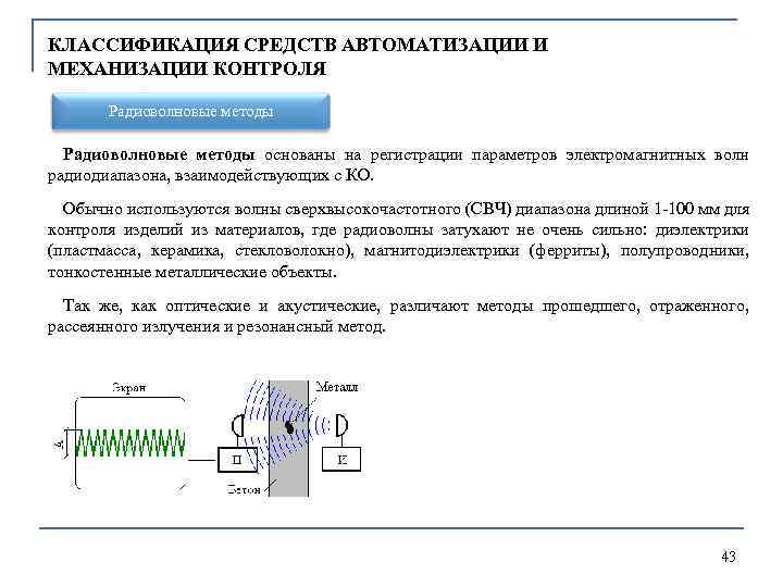 КЛАССИФИКАЦИЯ СРЕДСТВ АВТОМАТИЗАЦИИ И МЕХАНИЗАЦИИ КОНТРОЛЯ Радиоволновые методы основаны на регистрации параметров электромагнитных волн