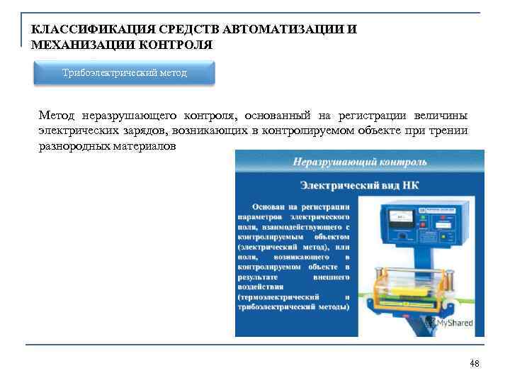 КЛАССИФИКАЦИЯ СРЕДСТВ АВТОМАТИЗАЦИИ И МЕХАНИЗАЦИИ КОНТРОЛЯ Трибоэлектрический метод Метод неразрушающего контроля, основанный на регистрации