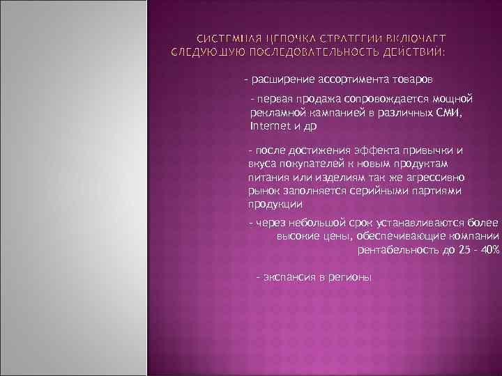 - расширение ассортимента товаров - первая продажа сопровождается мощной рекламной кампанией в различных СМИ,
