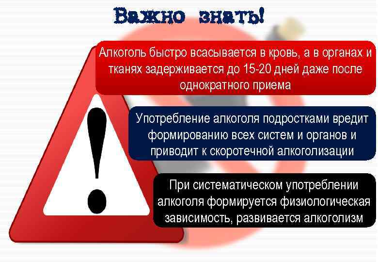 Важно знать! Алкоголь быстро всасывается в кровь, а в органах и тканях задерживается до