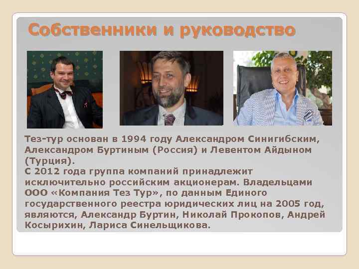 Собственники и руководство Тез-тур основан в 1994 году Александром Синигибским, Александром Буртиным (Россия) и