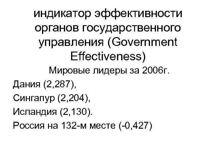 индикатор эффективности органов государственного управления (Government Effectiveness) Мировые лидеры за 2006 г. Дания (2,