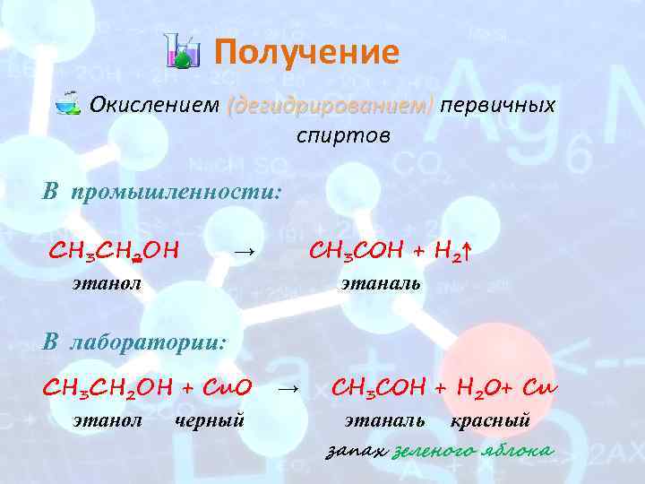 Получение Окислением (дегидрированием) первичных (дегидрированием спиртов В промышленности: СН 3 СН 2 ОН CH