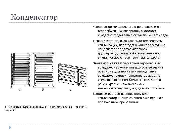 Конденсатор холодильного агрегата является теплообменным аппаратом, в котором хладагент отдает тепло окружающей его среде.