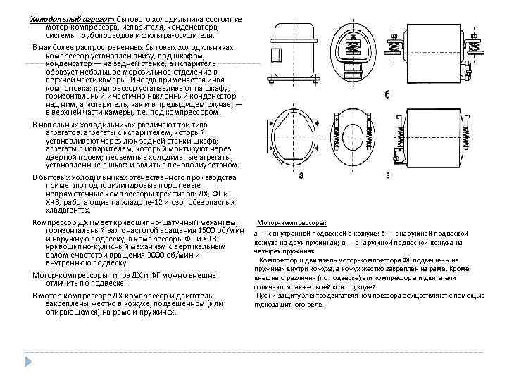 Холодильный агрегат бытового холодильника состоит из мотор-компрессора, испарителя, конденсатора, системы трубопроводов и фильтра-осушителя. В