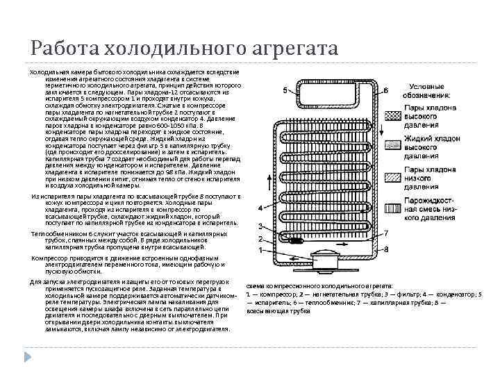 Работа холодильного агрегата Холодильная камера бытового холодильника охлаждается вследствие изменения агрегатного состояния хладагента в