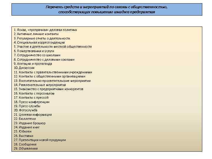 Перечень средств и мероприятий по связям с общественностью, способствующих повышению имиджа предприятия 1. Ясная,