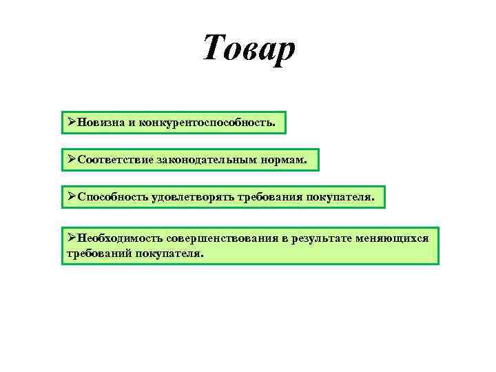 Товар ØНовизна и конкурентоспособность. ØСоответствие законодательным нормам. ØСпособность удовлетворять требования покупателя. ØНеобходимость совершенствования в