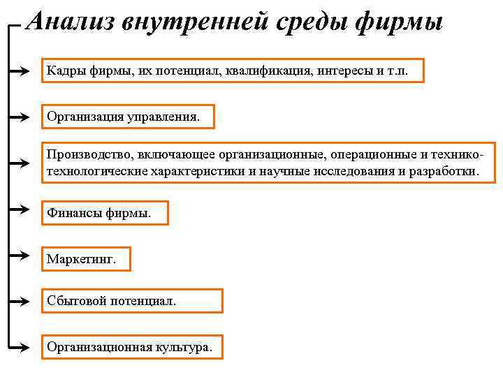 Анализ внутренней среды фирмы Кадры фирмы, их потенциал, квалификация, интересы и т. п. Организация
