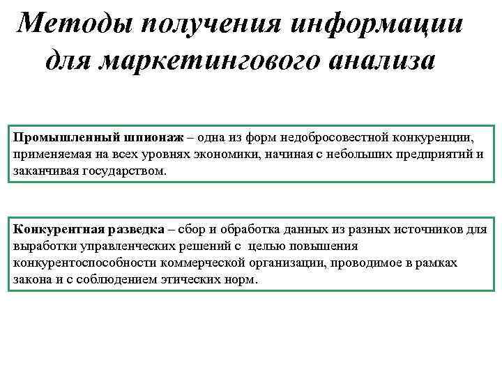 Методы получения информации для маркетингового анализа Промышленный шпионаж – одна из форм недобросовестной конкуренции,