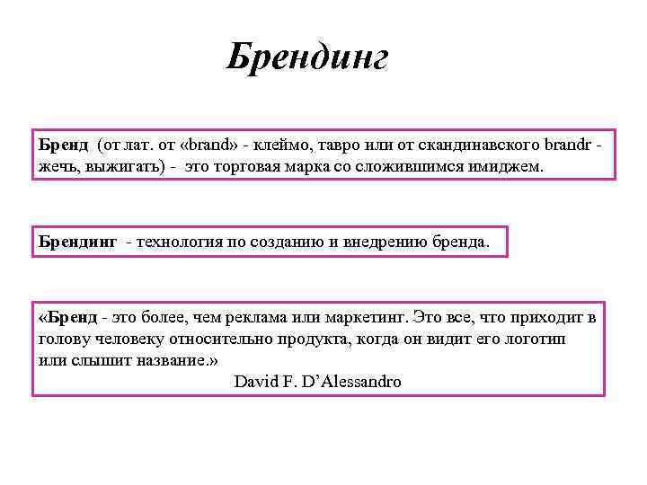 Брендинг Бренд (от лат. от «brand» - клеймо, тавро или от скандинавского brandr жечь,