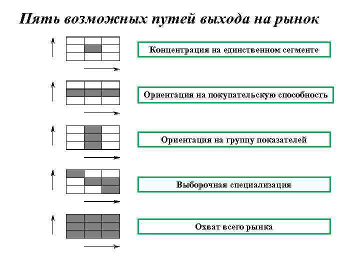 Пять возможных путей выхода на рынок Концентрация на единственном сегменте Ориентация на покупательскую способность