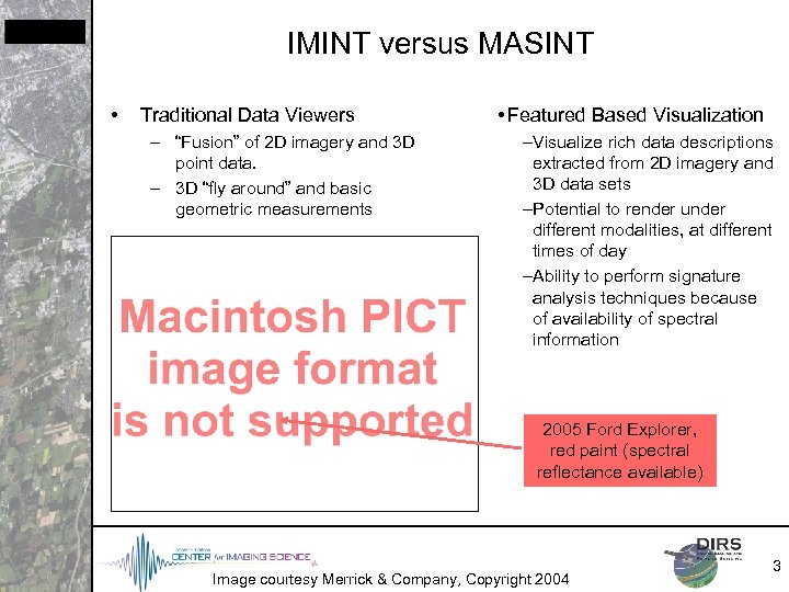 IMINT versus MASINT • Traditional Data Viewers – “Fusion” of 2 D imagery and
