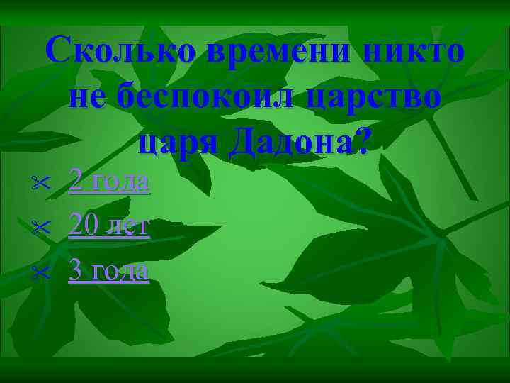 Сколько времени никто не беспокоил царство царя Дадона? " " " 2 года 20