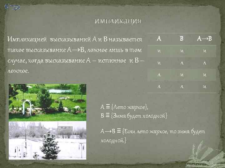 импликация А В А→В и и л л л и и л Импликацией высказываний