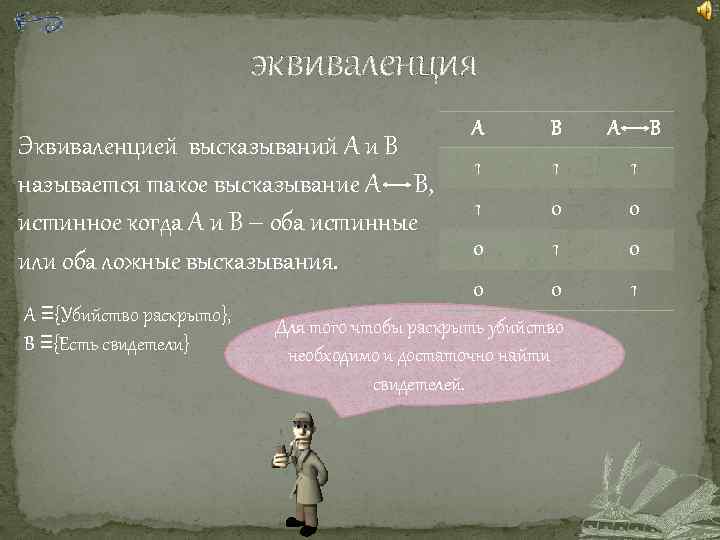 эквиваленция Эквиваленцией высказываний А и В называется такое высказывание А В, истинное когда А