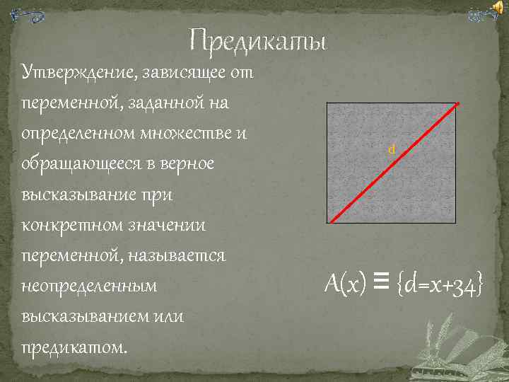 Предикаты Утверждение, зависящее от переменной, заданной на определенном множестве и обращающееся в верное высказывание