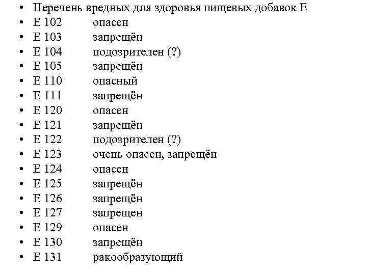  • • • • • Перечень вредных для здоровья пищевых добавок Е E