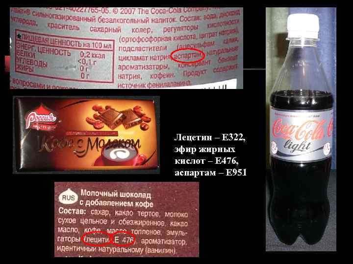 Лецетин – Е 322, эфир жирных кислот – Е 476, аспартам – Е 951
