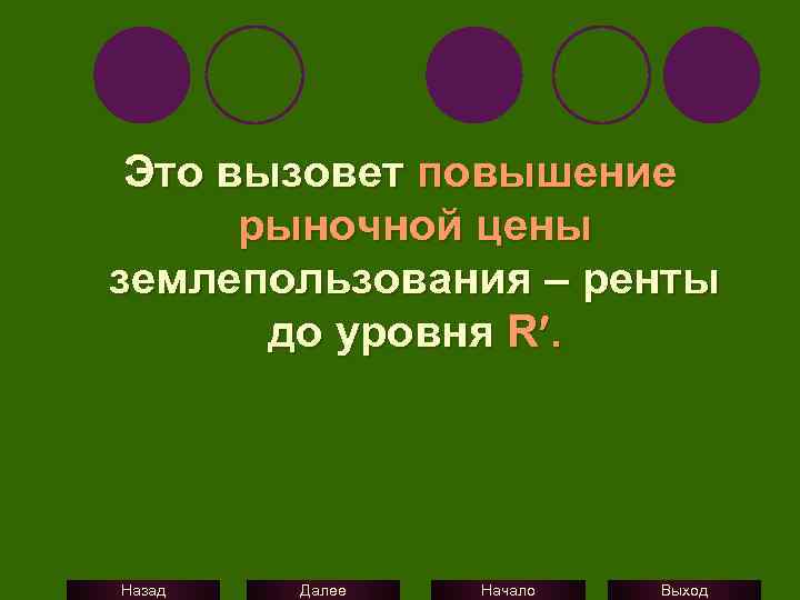 Это вызовет повышение рыночной цены землепользования – ренты до уровня R. Назад Далее Начало