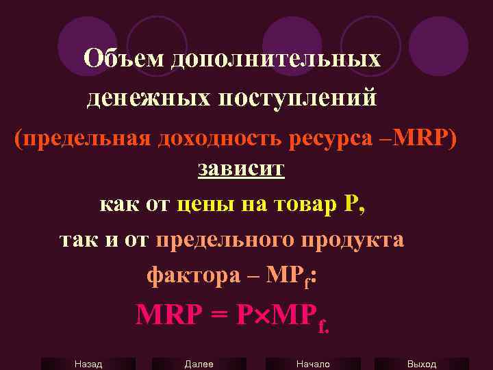 Объем дополнительных денежных поступлений (предельная доходность ресурса –MRP) зависит как от цены на товар