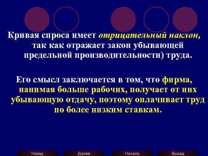 Кривая спроса имеет отрицательный наклон, так как отражает закон убывающей предельной производительности) труда. Его