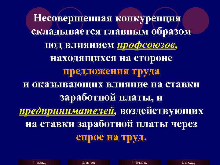 Несовершенная конкуренция складывается главным образом под влиянием профсоюзов, находящихся на стороне предложения труда и